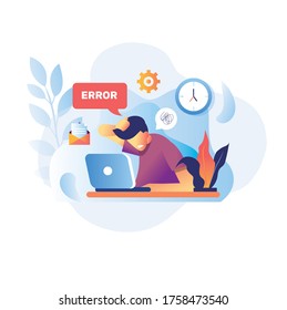Error 404 landing page message male worker character frustrated with laptop internet didn't work. Hard work. Vector flat cartoon illustration