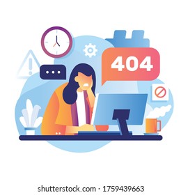 Error 404 landing page message female worker character frustrated confuse with laptop internet didn't work. Hard work. Vector flat cartoon illustration