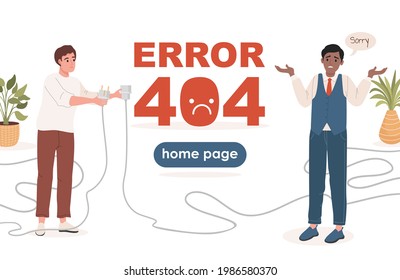 Error 404 landing page vector flat template with text space. Man holding unplugged cable, another man saying sorry. Confuse and disappointed male characters. Page not found website concept.