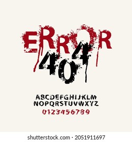 Error 404 grabando letras abstractas con manchas y goteo. Conjunto de vectores de letras y números alfabéticos escritos con pintura roja y negra sobre un fondo claro. Ilustración de error del sistema. Tipo de letra disperso