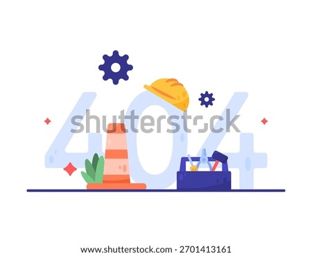 Error 404. Error message on website. Cannot find page. Illustration of number 404 with safety helmet, toolbox, and traffic cone elements. Concept or metaphor. Flat style. White background.