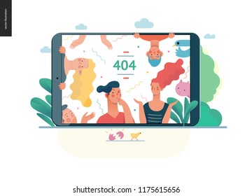 error 404 -modern flat vector concept illustration of page Error 404 - puzzled people on the tablet screen. Page not found metaphor Creative landing page design template