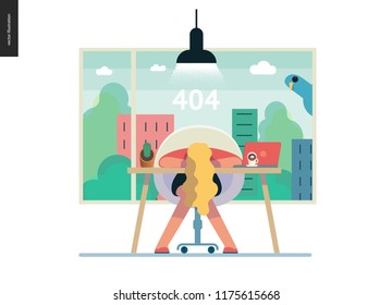 error 404 -modern flat vector concept illustration of page Error 404. Exhausted woman laying on the office table Page not found metaphor Creative landing page design template