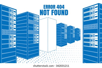 Error 404 Not Found. Vector illustration of the servers in the blue colors on a white background. Design error page for your website.