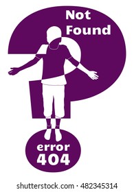 error 404, not found, vector illustration, very dark magenta child silhouette with question mark on white background