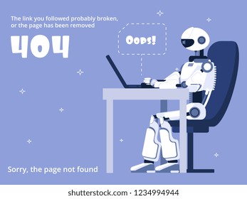 Error 404. Not found web site page with robot and warning message. Vector template