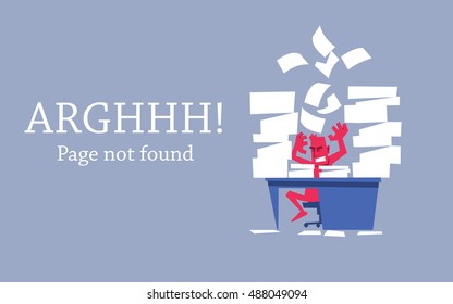 Error 404 page. Annoyed man sitting behind the table and yelling. Error page design template.