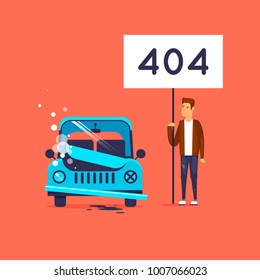 Error 404 page. Broken car. Flat vector illustration in cartoon style.