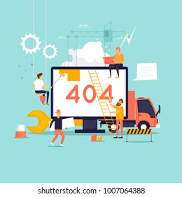 Error 404 Page. Builders, Repair, Crane, Site. Flat Vector Illustration In Cartoon Style.