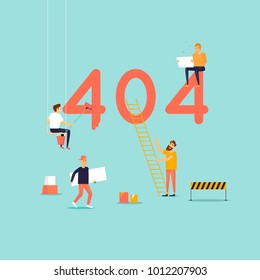 Error 404 page. Builders, repair, crane, site. Flat vector illustration in cartoon style.