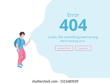 Error 404 page concept website vector illustration. Cool and trendy adult man or teenager with smartphone and mobile app, get an error 404 message, browsing travel website or mobile booking app
