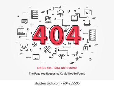 Error 404 page with datacenter, server elements vector illustration. Broken web page graphic design. Error 404 page not found creative template.
