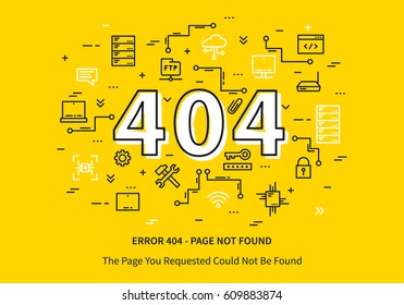 Error 404 page with datacenter, server elements vector illustration on yellow background. Broken web page graphic design. Error 404 page not found creative template.
