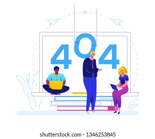 Error 404 page - flat design style colorful illustration on white background. A composition with male, female managers working on a project with laptops, books. Problems with website concept