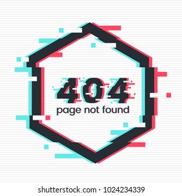 Error 404 page in glitch style. Page not found concept. System error illustration. Geometric shape with Tv distortion effect. Rhombus frame with vhs glitch effect. Vector eps 10.