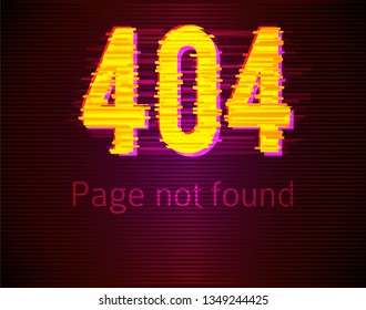 Error 404 page in glitch style. Page not found concept. System error illustration. Geometric shape with tv distortion effect. Glow light with vhs glitch effect. Vector eps 10 web site page glitched