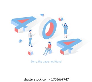 Error 404 page isometric design concept. 404 3d word lettering typography. Trendy flat 3d isometric style. Vector illustration.