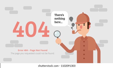 Error 404 Page Layout Vector Design. Page not Found Concept With Detective Sherlock Holmes. Flat Illustration