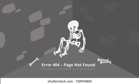 Error 404 page layout vector design with skeleton in the dungeon. The page you requested could not be found.