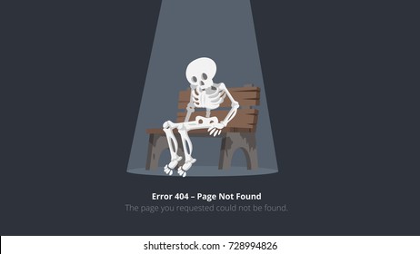 Error 404 page layout vector design with the skeleton on the bench. The page you requested could not be found.