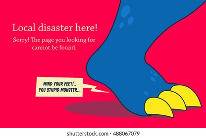 Error 404 page. The leg of big monster with scream speech balloon. Error page design template.