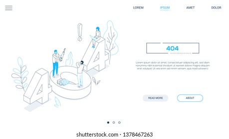 Error 404 page - line design style isometric web banner on white background with copy space for text. A header with falling numbers, characters trying to fix a situation. Problems with website concept