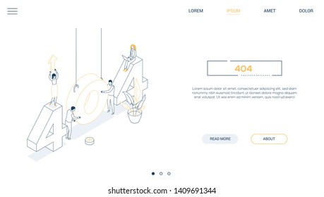 Error 404 page - line design style isometric web banner on white background with copy space for text. A header with characters working at laptops, trying to find solutions. Problems with website theme