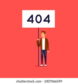 Error 404 page. Man with a poster. Flat vector illustration in cartoon style.