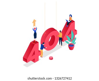 Error 404 page - modern colorful isometric vector illustration on white background. A composition with cute characters working at laptops, trying to find a solution. Problems with website concept