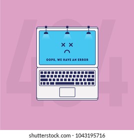 Error 404 page not found. Vector Illustration of Laptop with billboard lights on top. Broken Website Page