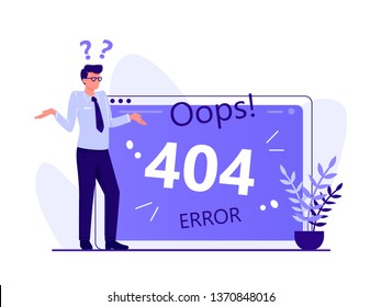 Error 404, page not found, disconnection from the Internet, unavailable page. Man is standing near big computer screen, Flat vector concept illustration isolated on white