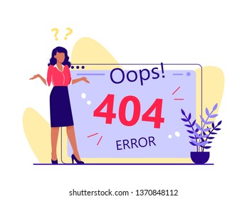 Error 404, page not found, disconnection from the Internet, unavailable page. Woman is standing near big computer screen, Flat vector concept illustration isolated on white