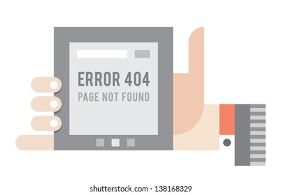 Error 404 Page not found error on the screen of the internet tablet in human hand. Vector illustration.
