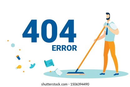 Error 404, Page not Found, Disconnection from Internet, Unavailable Page Flat Cartoon Vector Illustration. Young Man Character Sweeping Floor from Documents, Lamps, Ppaper Cup, Contract.
