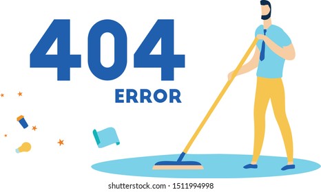 Error 404, page not found, man sweeping floor.