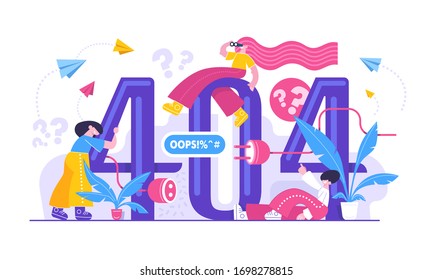 
Error 404 page not found uploading system updates, installation programs with cartoon character.  Giant big numbers and cartoon characters metaphor bright creative concept landing page design templat