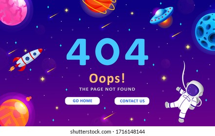 Error 404, page not found. Space exploration modern background. Cute gradient template with planets and stars for poster, banner or website page.