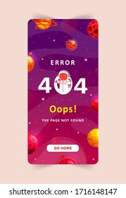 Error 404, page not found. Space exploration modern background. Cute mobile template with planets and stars for poster, banner or website page.