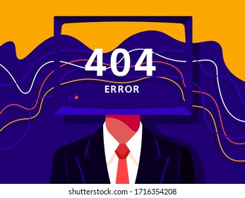 Error 404. Page not found. Monitor on shoulders instead of head with cables and text. Website and landing page. Color vector flat illustration