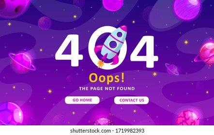 Error 404, page not found. Space exploration modern background. Cute gradient template with planets and stars for poster, banner or website page.