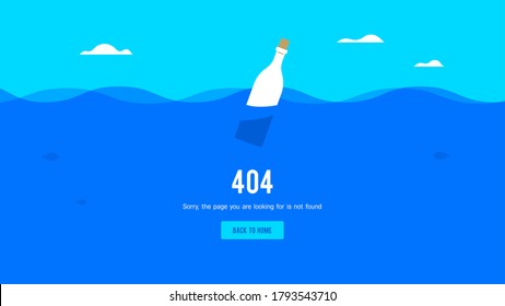 Error 404 Page Not Found Template With lost bottle in the ocean.  Flat Vector Illustration