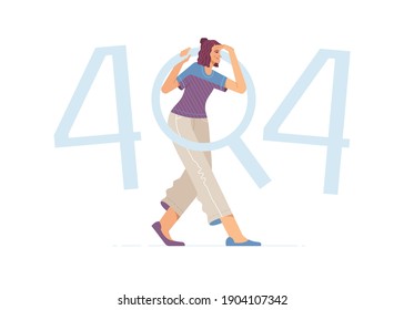 Error 404, Page Not Found vector onboarding illustration. Flat web landing page, mobile app, and presentation concept. Girl looking for something through magnifier glass. Under construction template