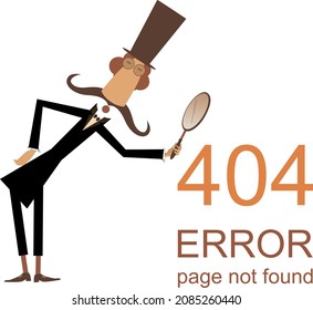 Error 404 page not found concept illustration, webpage banner. 
Long mustache man in the top hat holding a loupe trying to find a lost page isolated on white template for web site

