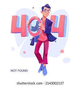 Error 404 page not found concept with cartoon male character holding huge magnifying glass in hands. Lost internet connection, server problem, web site maintenance or fixing, Vector illustration