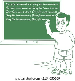Error 404 Page Not Found Illustration - Sad Boy Writing Apology on Chalkboard for Website Technical Issues