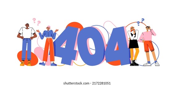 Error 404 page not found concept with confused characters thinking with question marks. Lost internet connection, server problem, web site maintenance or fixing aler, Line art flat Vector illustration