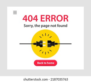 Error 404 page not found. System error. Broken page. The page you requested could not be found. Plug and socket. Web Template for presentation, infographic, website, apps and other uses