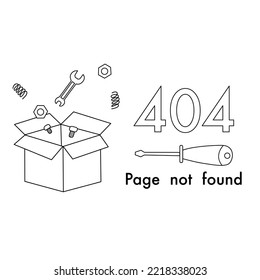 Error 404. Page not found. Box with tools and parts. Page for website.