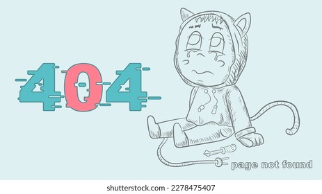 error 404 page not found, funny outline of a little man Chibi, he sits next to a screwdriver and a broken wire, an illustration for the design
