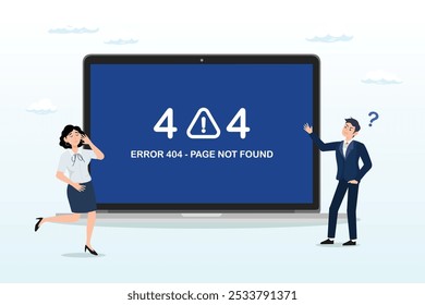 ERROR 404 - PAGE NOT FOUND, computer outage, error or failure, operating system crash or cyber attack, technical issue concept, people victims looking at computer laptop outage